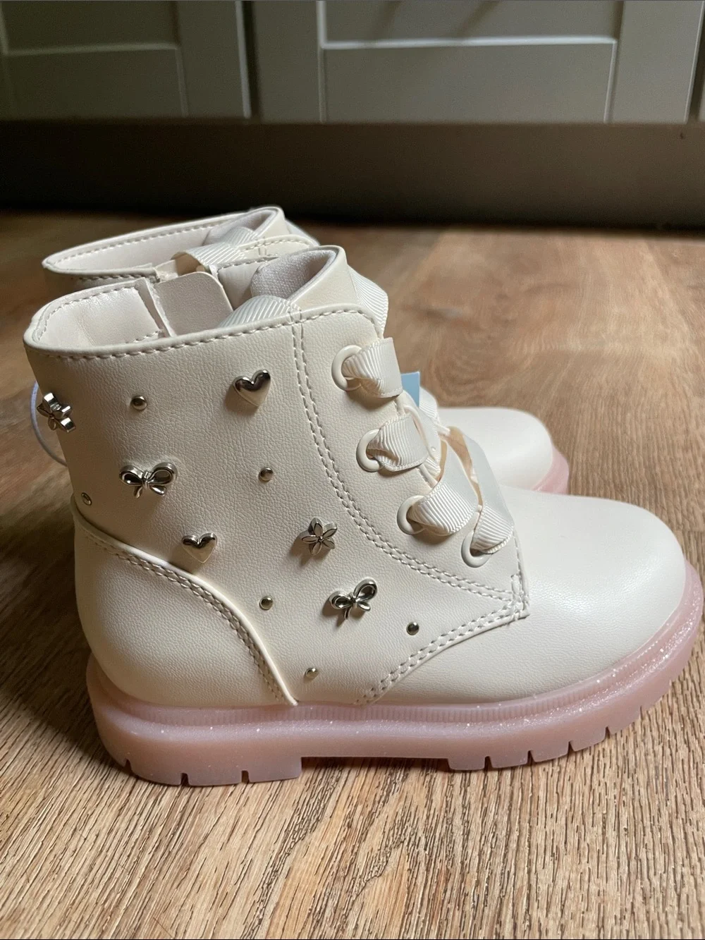 Cat & Jack Cream Lace-Up Kids Ankle Boots with Pink Sole